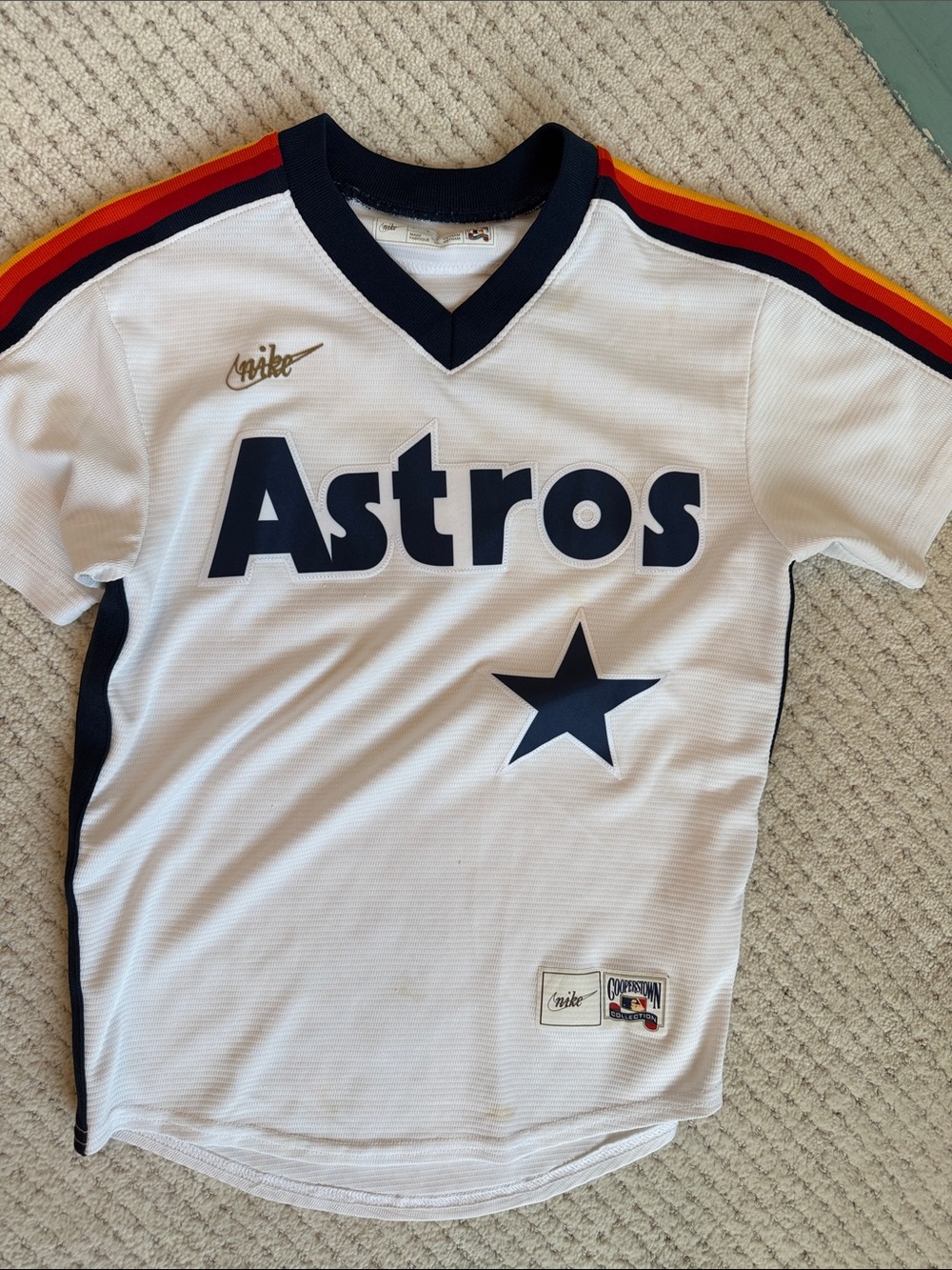 Nike White Astros Retro Stripe Kids Jersey with Navy Logo